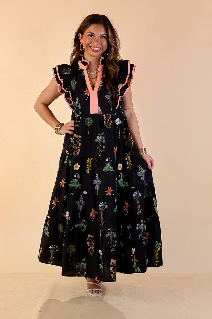 Moonlit Meadow Floral Ruffle Cap Sleeve Tiered Midi Dress in Black