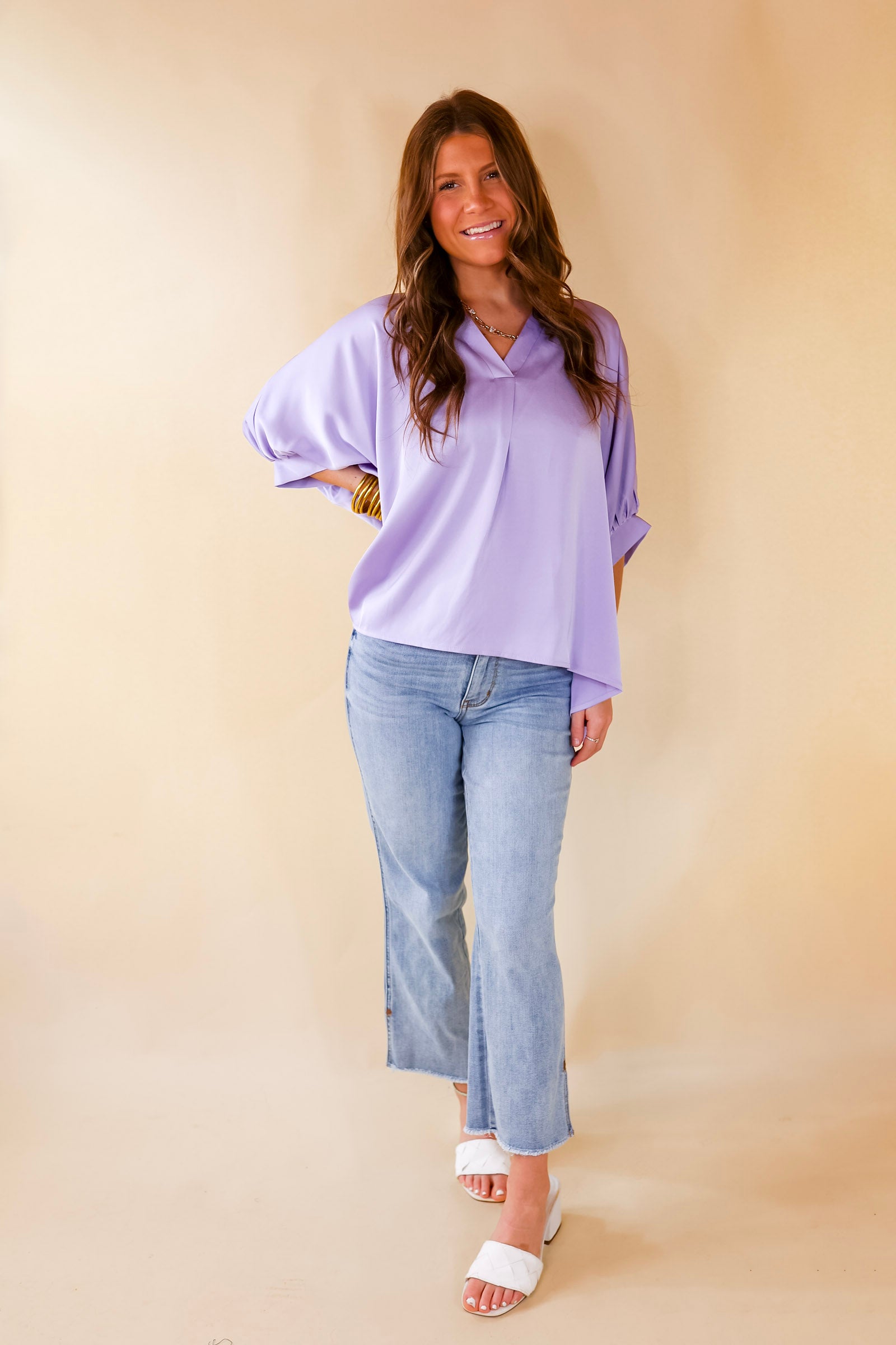 Irresistibly Chic Half Sleeve Oversized Blouse in Lilac Purple - Giddy Up Glamour Boutique