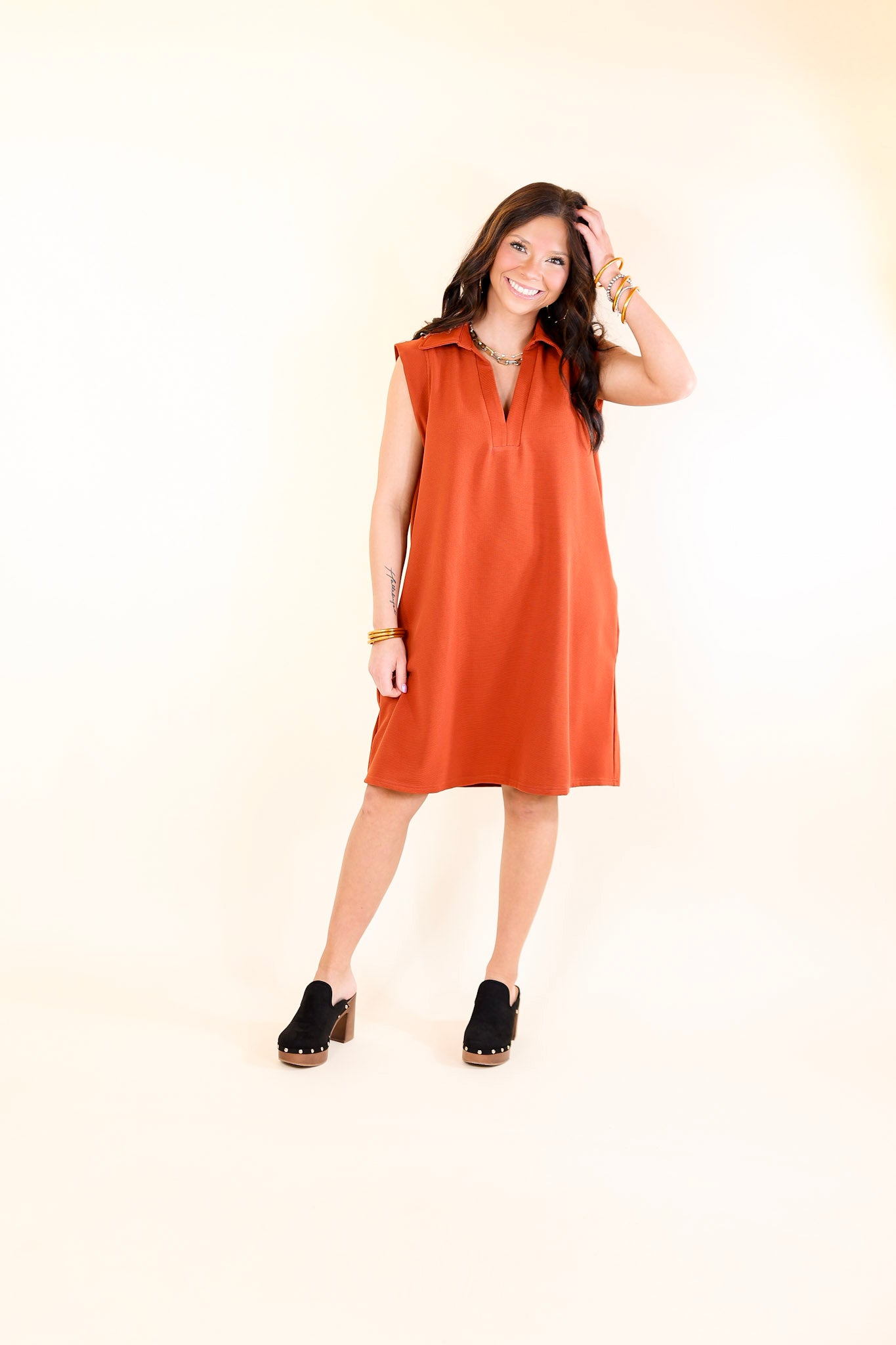 Polished Perfection Cap Sleeve Dress with Collar in Rust Orange