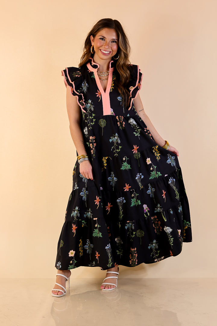 Moonlit Meadow Floral Ruffle Cap Sleeve Tiered Midi Dress in Black