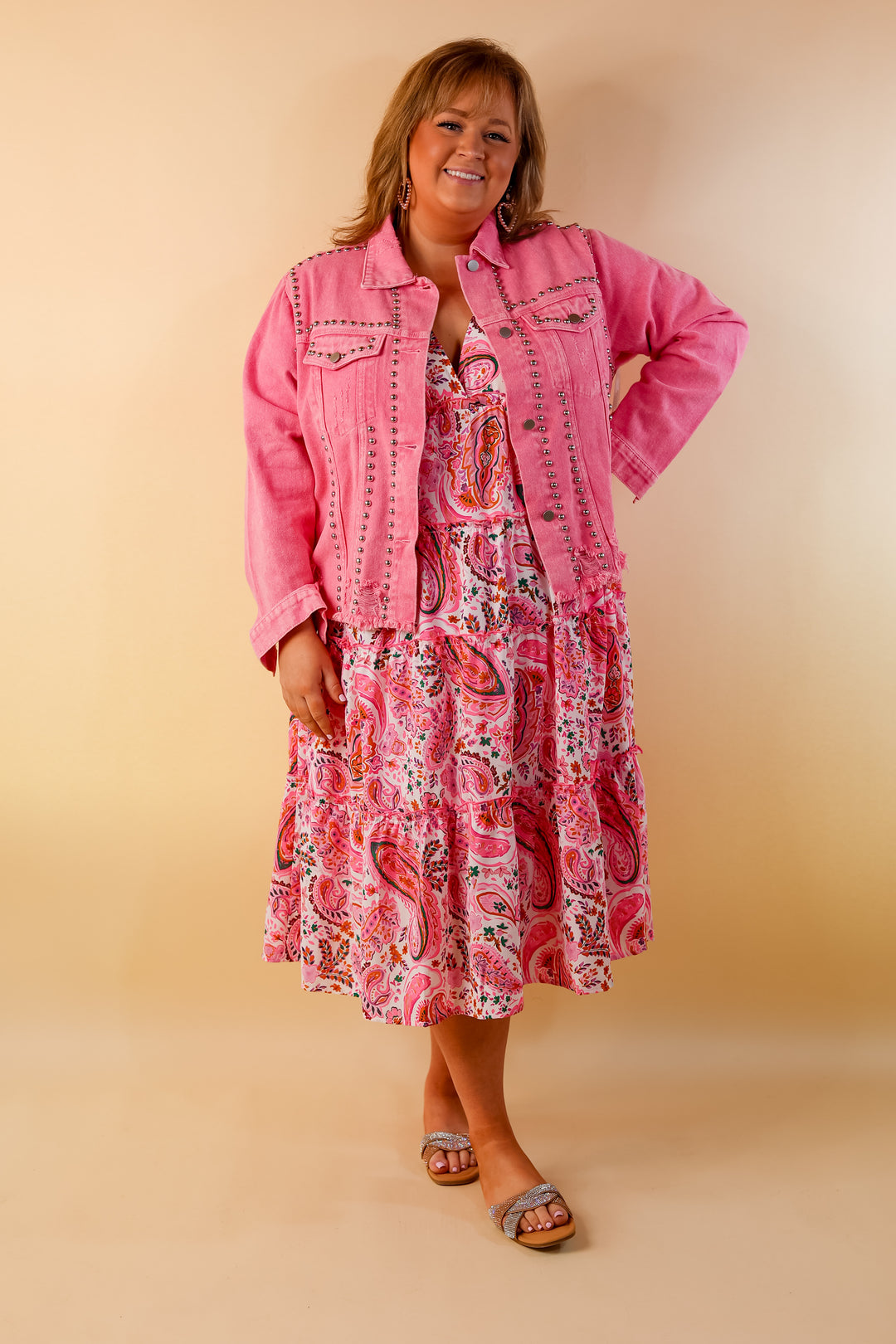 Instantly Impressed Cropped Denim Jacket with Silver Studs in Hot Pink - Giddy Up Glamour Boutique
