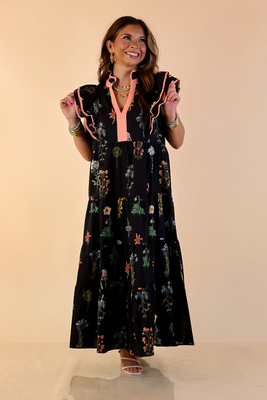 Moonlit Meadow Floral Ruffle Cap Sleeve Tiered Midi Dress in Black