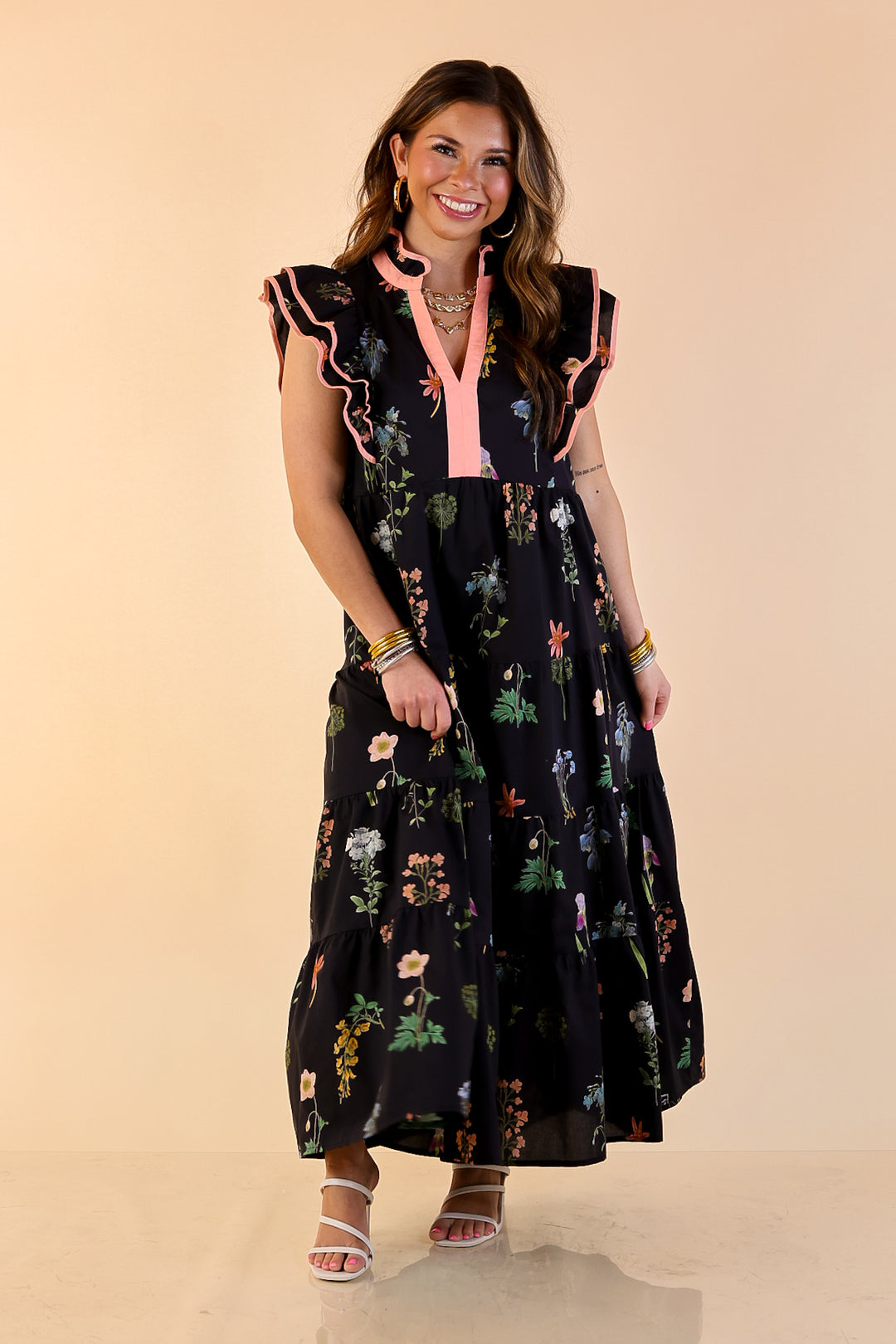 Moonlit Meadow Floral Ruffle Cap Sleeve Tiered Midi Dress in Black