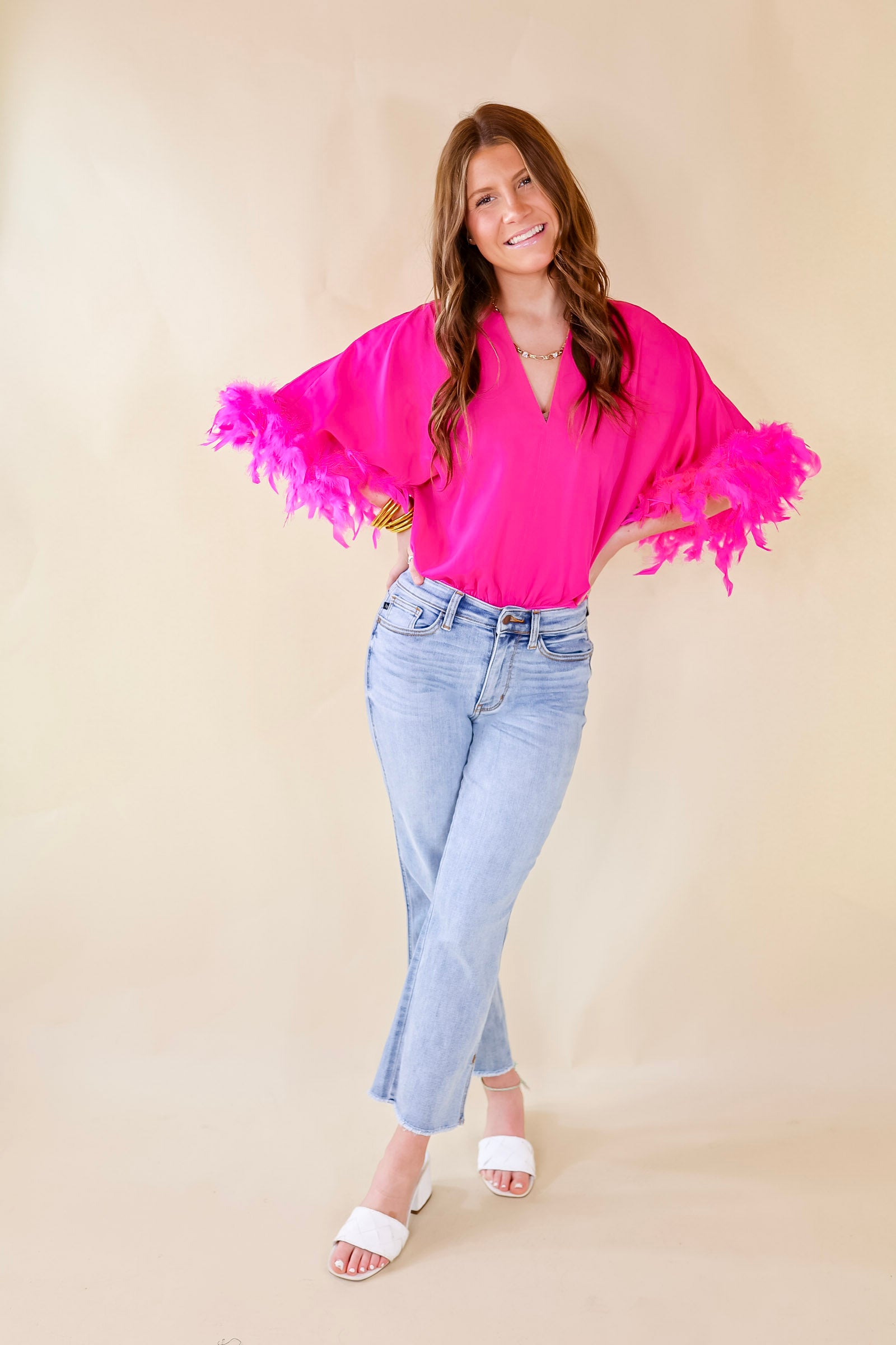 Party Plans V Neck Bodysuit with Feather Sleeves in Fuchsia Pink - Giddy Up Glamour Boutique