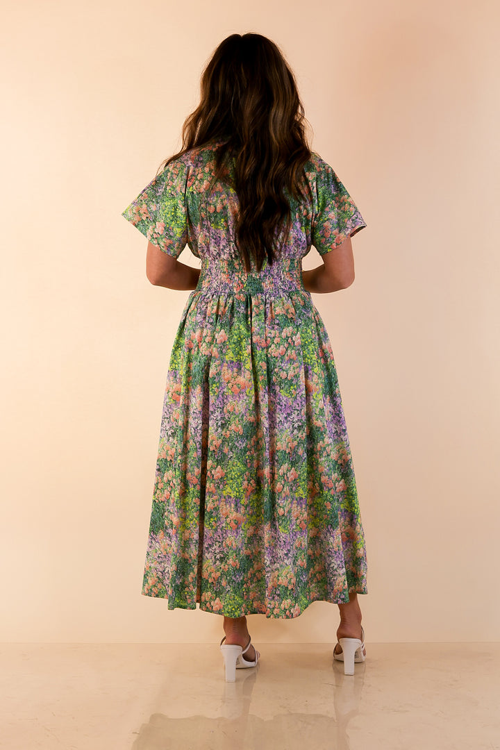 Whispering Wildflowers Floral Zip Front Midi Dress with Smocked Waist and Short Sleeves in Green and Peach Multicolor