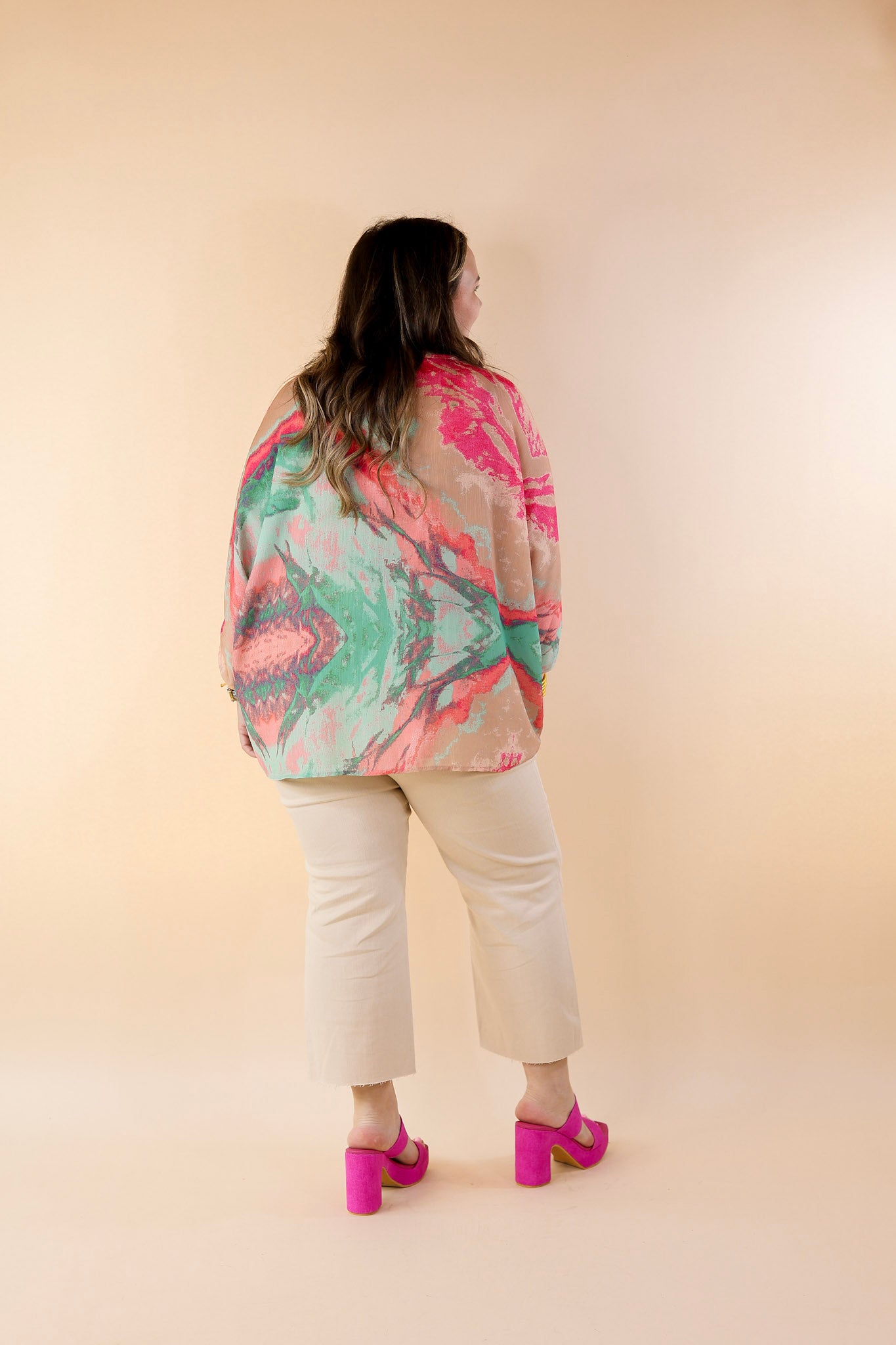 Colorful Dreams Half Sleeve Top With Pink Marble Print in Beige - Giddy Up Glamour Boutique