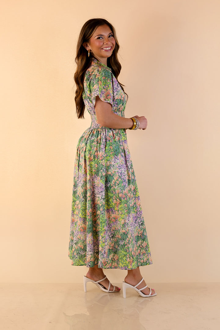 Whispering Wildflowers Floral Zip Front Midi Dress with Smocked Waist and Short Sleeves in Green and Peach Multicolor