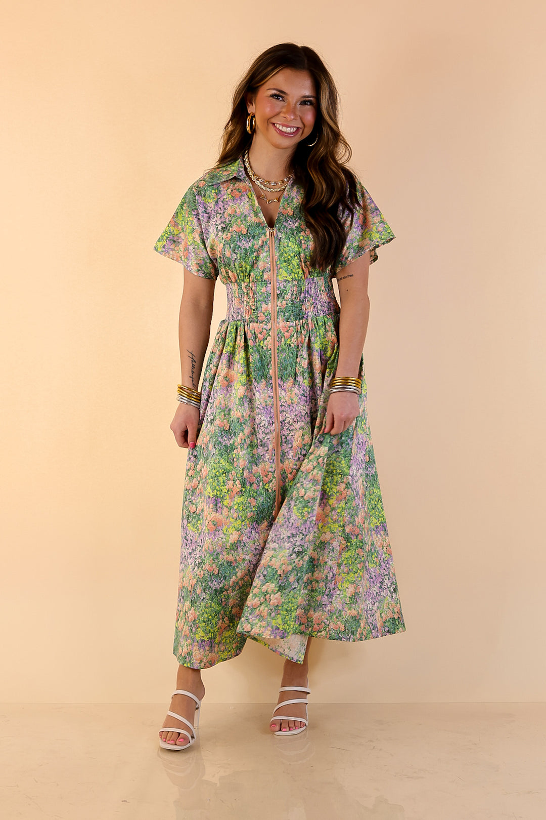 Whispering Wildflowers Floral Zip Front Midi Dress with Smocked Waist and Short Sleeves in Green and Peach Multicolor
