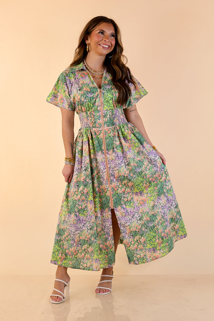 Whispering Wildflowers Floral Zip Front Midi Dress with Smocked Waist and Short Sleeves in Green and Peach Multicolor