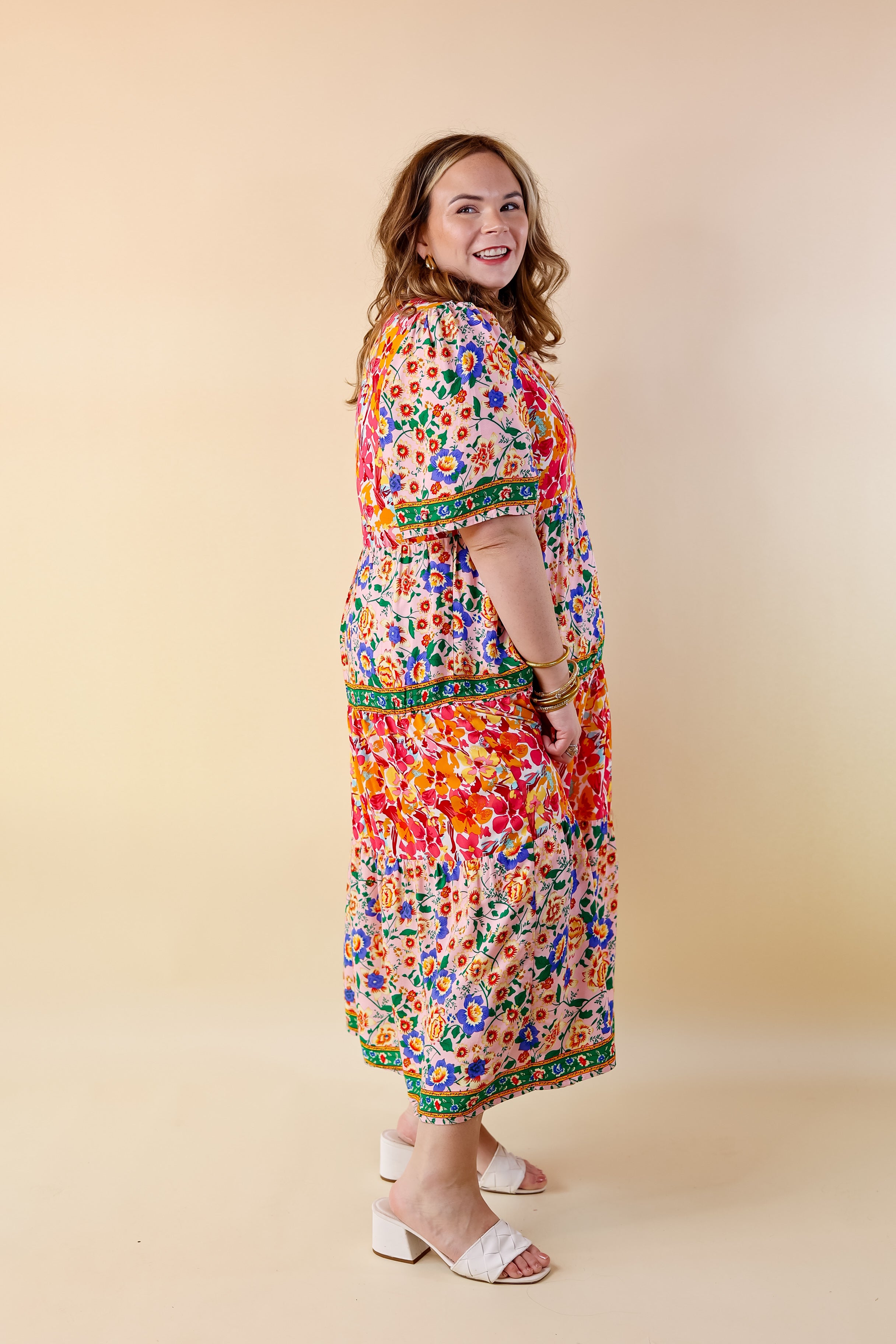 Tulip Fields Floral Tiered Midi Dress in Pink Mix - Giddy Up Glamour Boutique