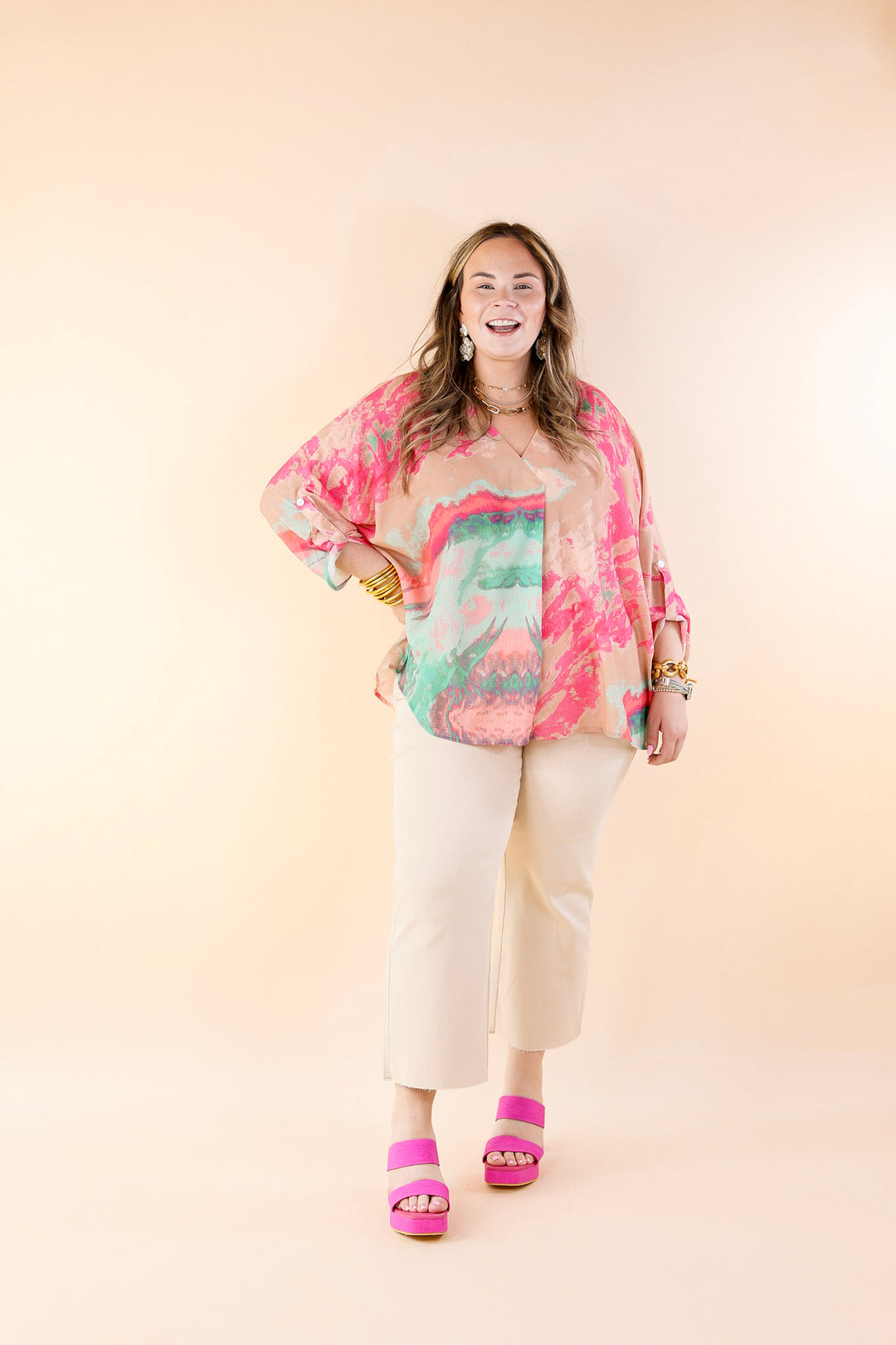 Colorful Dreams Half Sleeve Top With Pink Marble Print in Beige - Giddy Up Glamour Boutique