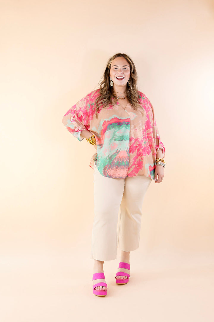 Colorful Dreams Half Sleeve Top With Pink Marble Print in Beige - Giddy Up Glamour Boutique