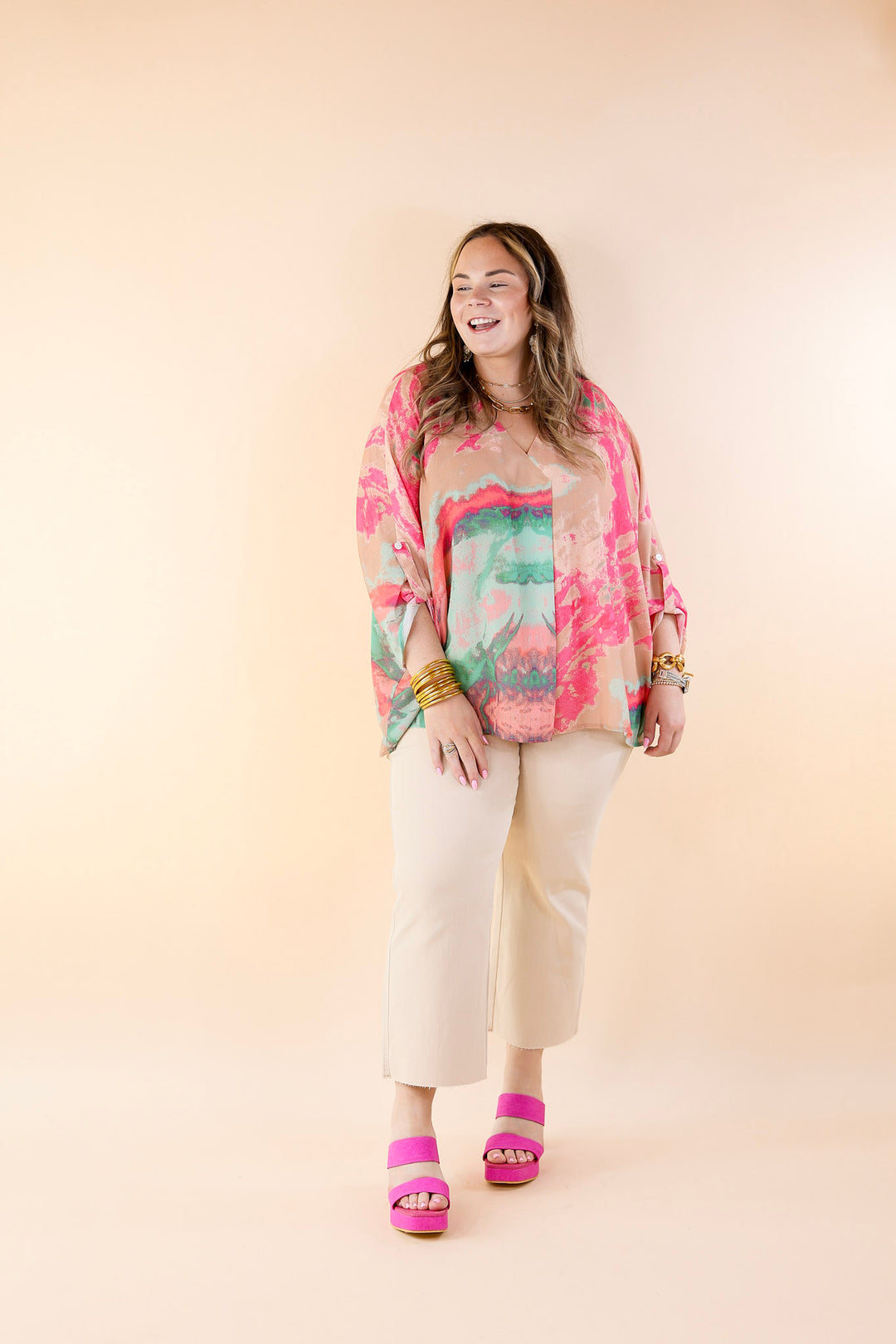 Colorful Dreams Half Sleeve Top With Pink Marble Print in Beige - Giddy Up Glamour Boutique