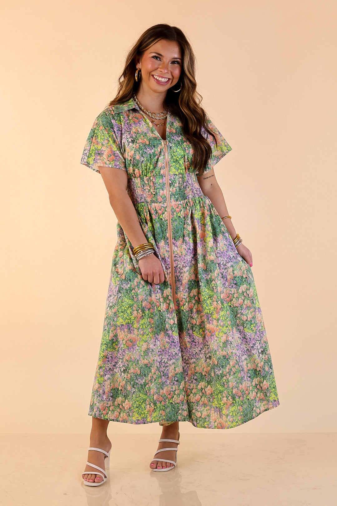 Whispering Wildflowers Floral Zip Front Midi Dress with Smocked Waist and Short Sleeves in Green and Peach Multicolor