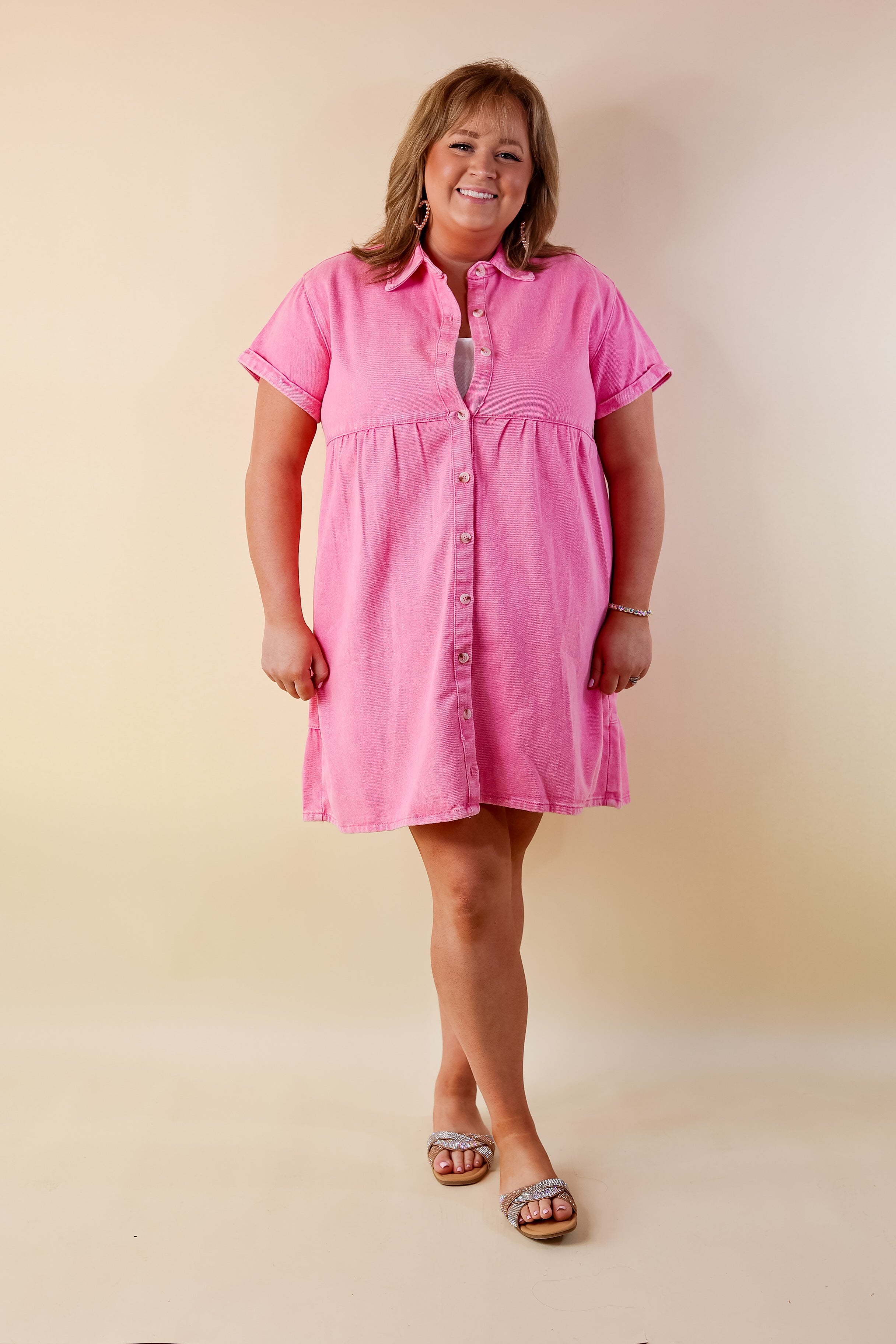 Nice to Meet You Button Up Collared Denim Dress in Pink - Giddy Up Glamour Boutique