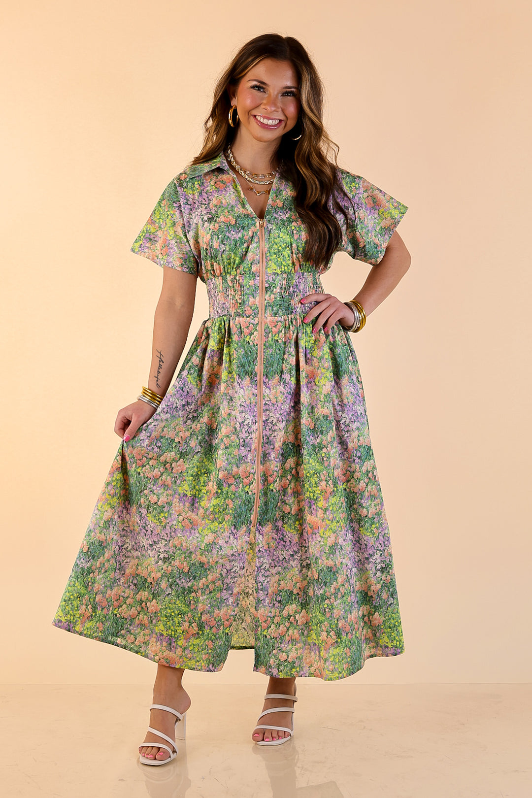 Whispering Wildflowers Floral Zip Front Midi Dress with Smocked Waist and Short Sleeves in Green and Peach Multicolor