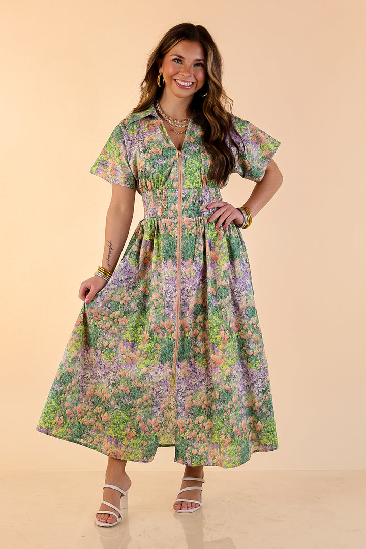 Whispering Wildflowers Floral Zip Front Midi Dress with Smocked Waist and Short Sleeves in Green and Peach Multicolor