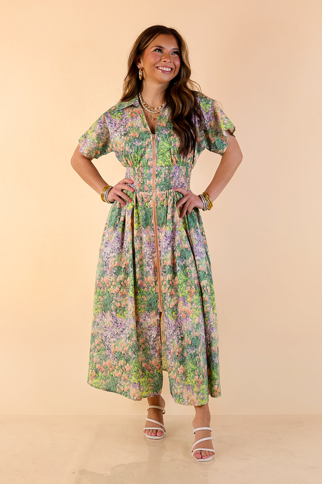 Whispering Wildflowers Floral Zip Front Midi Dress with Smocked Waist and Short Sleeves in Green and Peach Multicolor