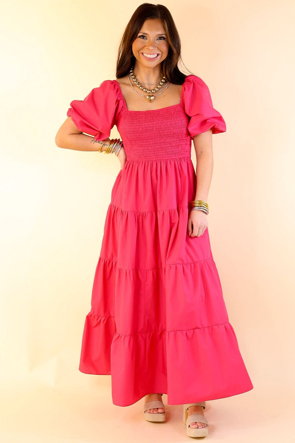 Santorini Sunshine Short Balloon Sleeve Maxi Dress in Fuchsia Pink