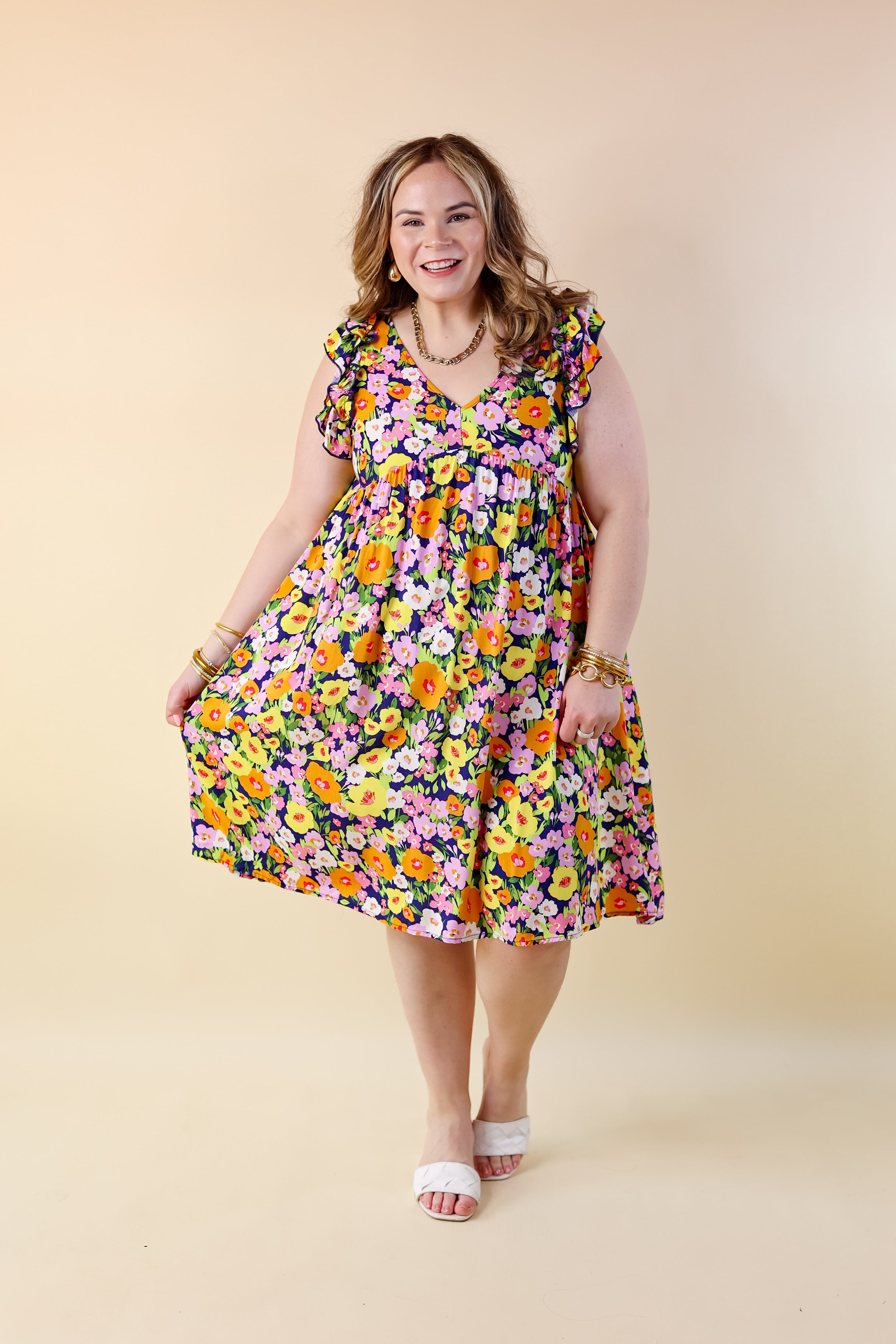 Spring Beauty Floral Ruffle Cap Sleeve Midi Dress in Navy Blue - Giddy Up Glamour Boutique