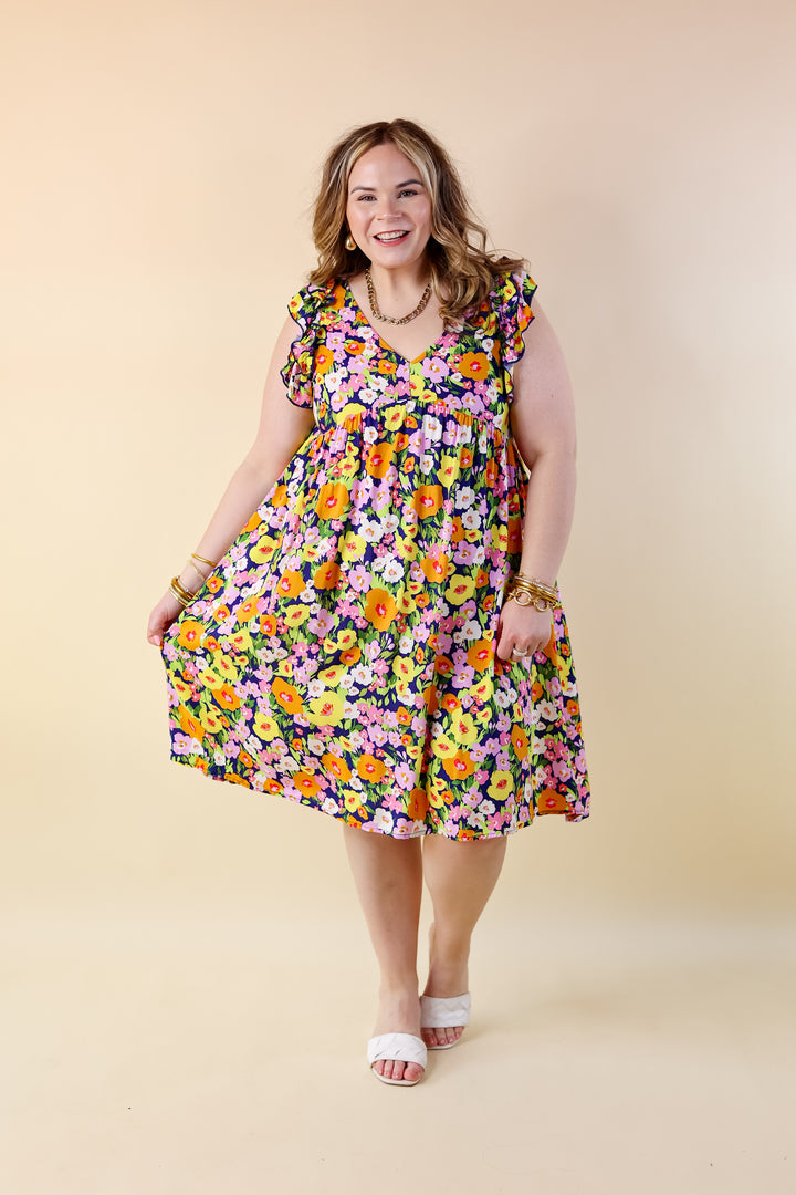 Spring Beauty Floral Ruffle Cap Sleeve Midi Dress in Navy Blue - Giddy Up Glamour Boutique