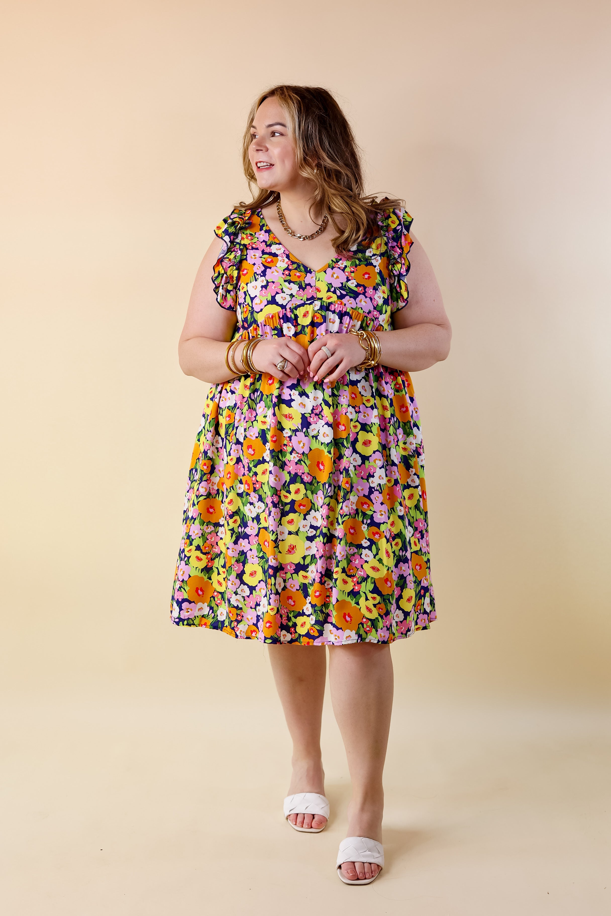 Spring Beauty Floral Ruffle Cap Sleeve Midi Dress in Navy Blue - Giddy Up Glamour Boutique