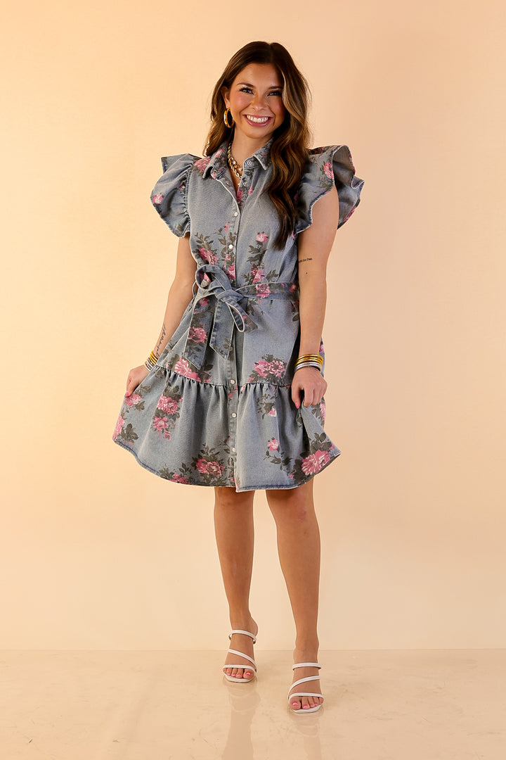 Floral Affair Pearl Snap Front Denim Dress with Ruffle Cap Sleeves and Tie Waist in Vintage Blue