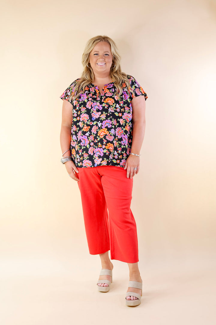 Whimsical Wonder Floral Print Top with Notched Neckline and Drop Sleeves in Black - Giddy Up Glamour Boutique