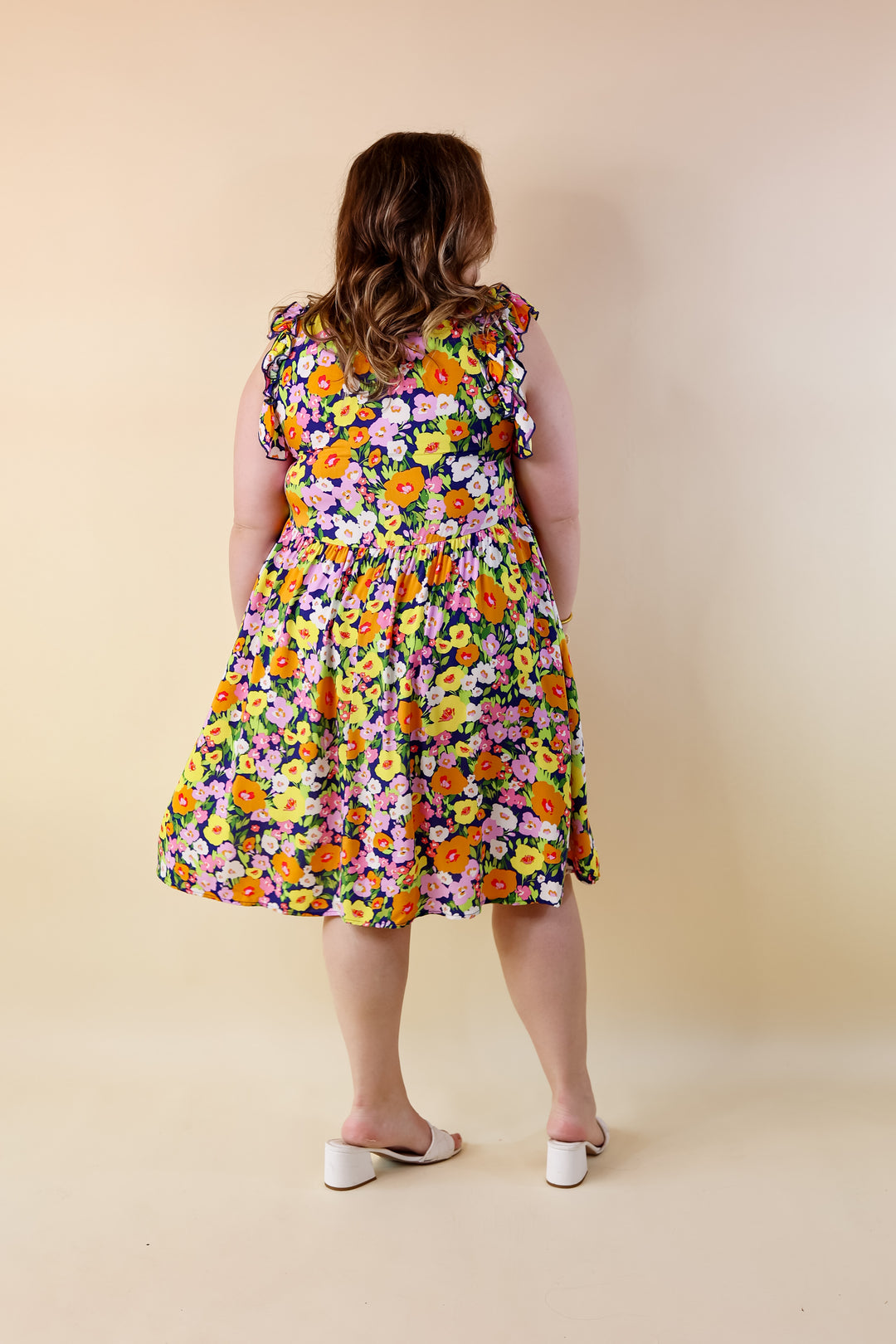 Spring Beauty Floral Ruffle Cap Sleeve Midi Dress in Navy Blue - Giddy Up Glamour Boutique