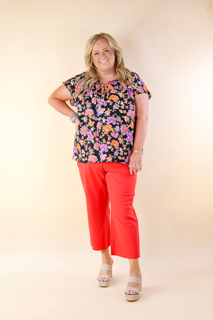 Whimsical Wonder Floral Print Top with Notched Neckline and Drop Sleeves in Black - Giddy Up Glamour Boutique