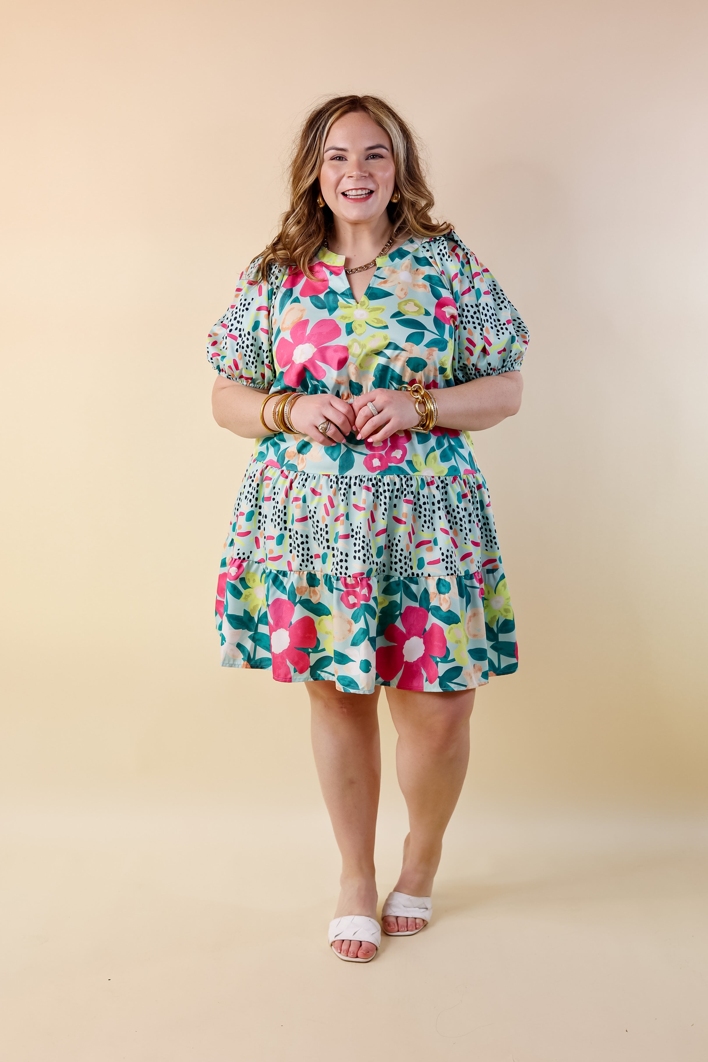 Gramercy Garden Floral Tiered Dress with Short Balloon Sleeves in Light Mint Blue Mix - Giddy Up Glamour Boutique