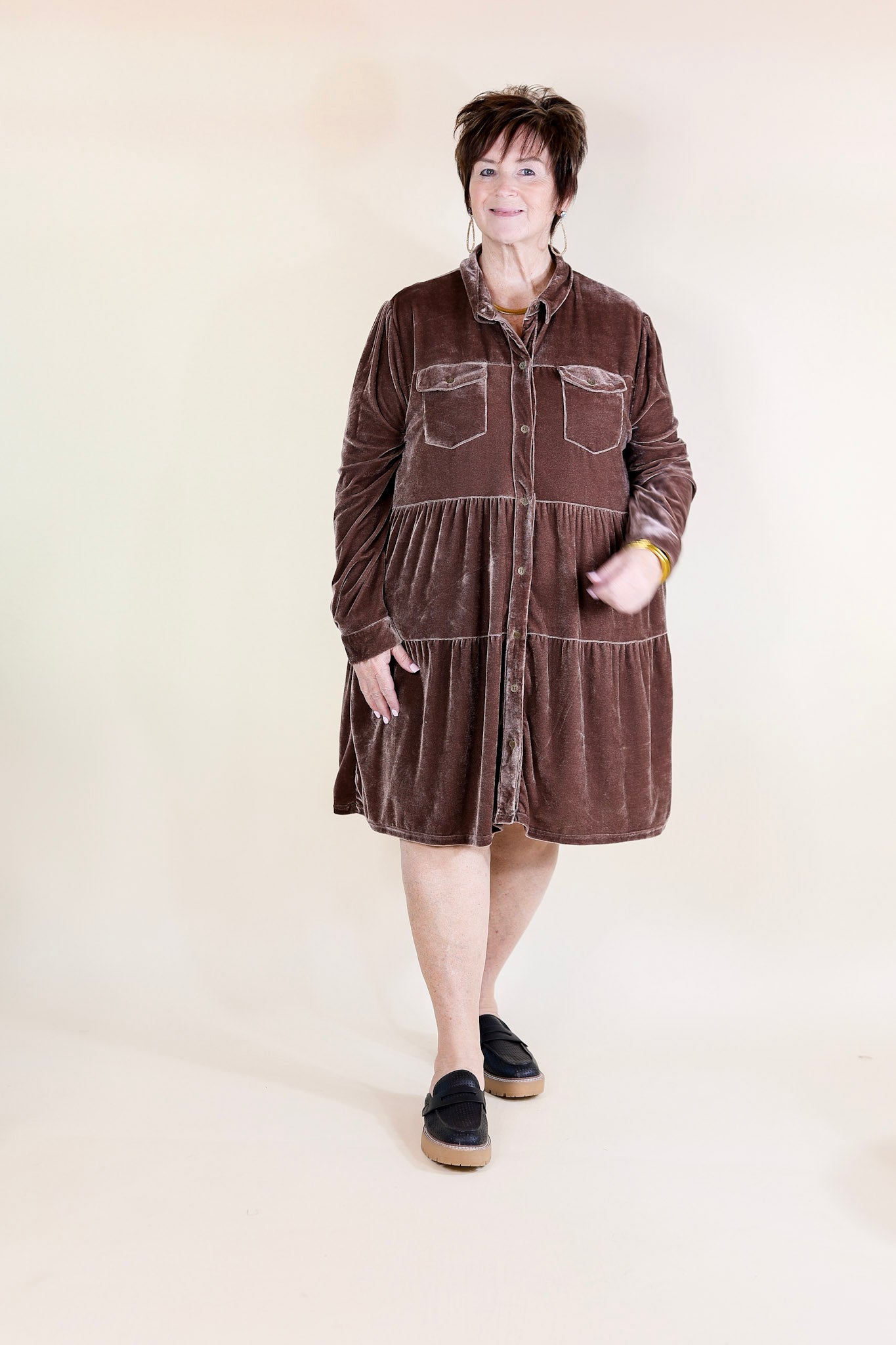 Grateful Gathering Velvet Button Up Dress with Long Sleeves in Almond Brown