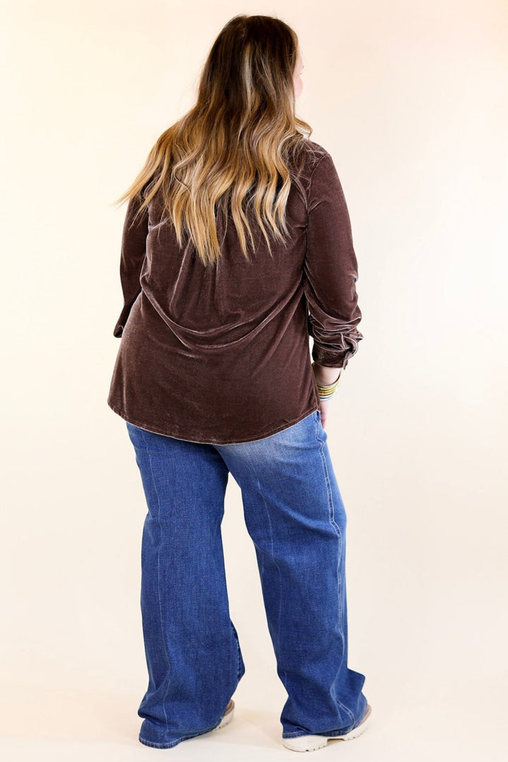 Candy Apple Evening Button Up Velvet Long Sleeve Blouse in Almond Brown
