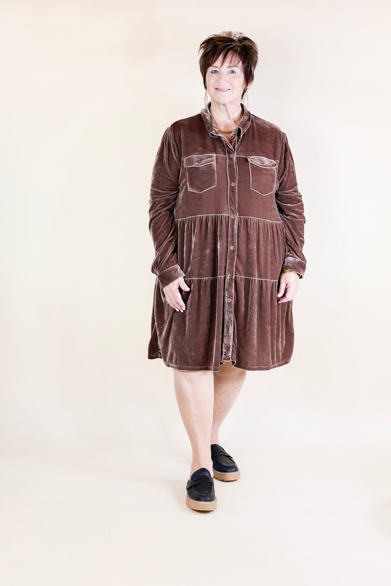 Grateful Gathering Velvet Button Up Dress with Long Sleeves in Almond Brown