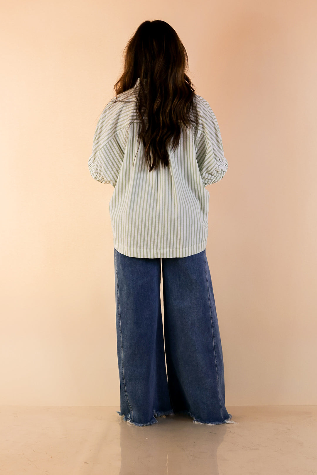 Naturally Stylish Striped Poncho Top with Lace Trim Details and Dolman Sleeves in Sage Green