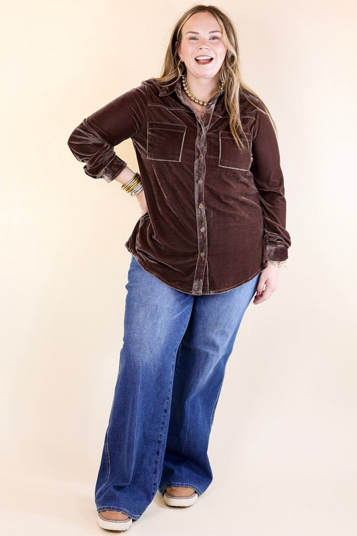 Candy Apple Evening Button Up Velvet Long Sleeve Blouse in Almond Brown