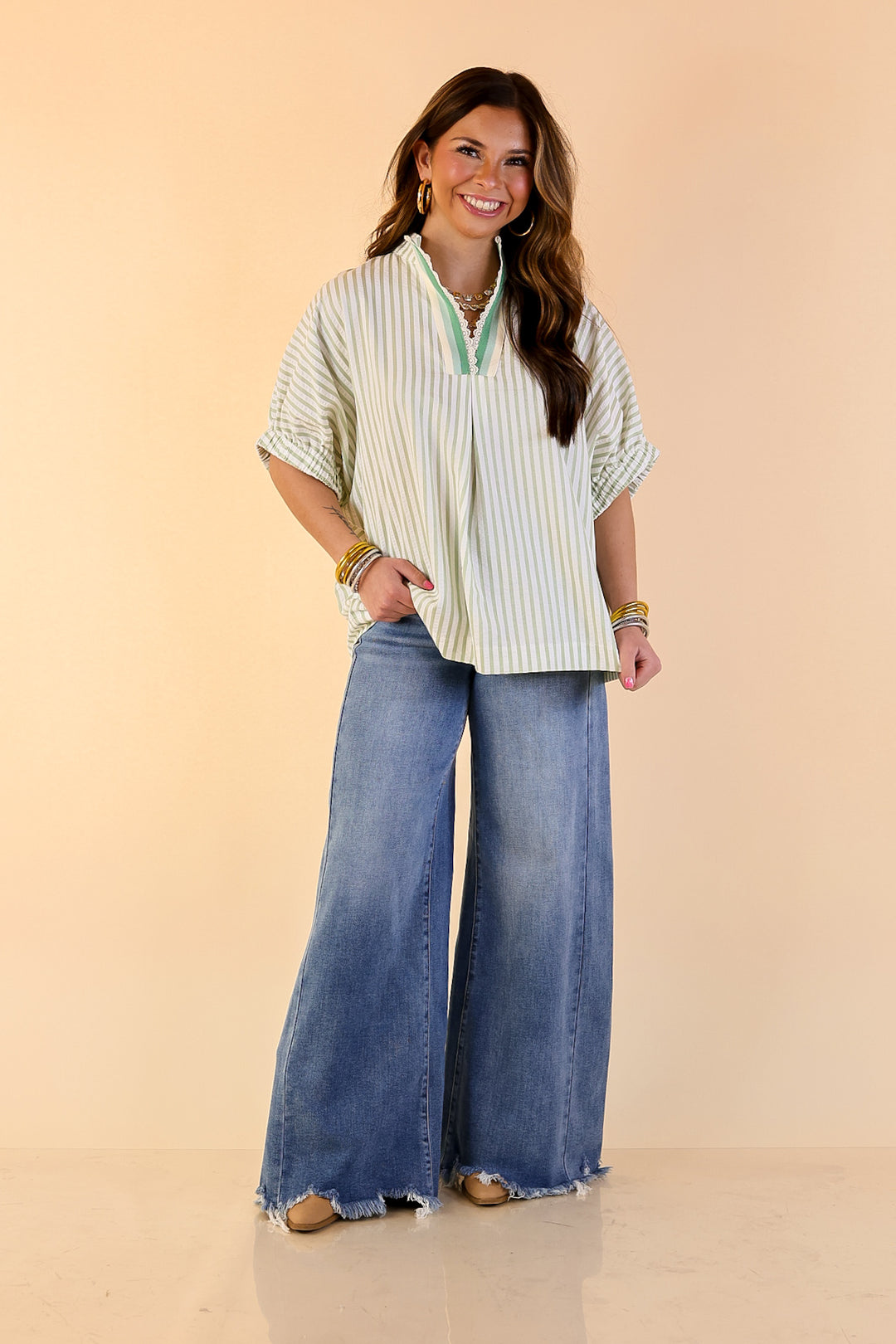 Naturally Stylish Striped Poncho Top with Lace Trim Details and Dolman Sleeves in Sage Green