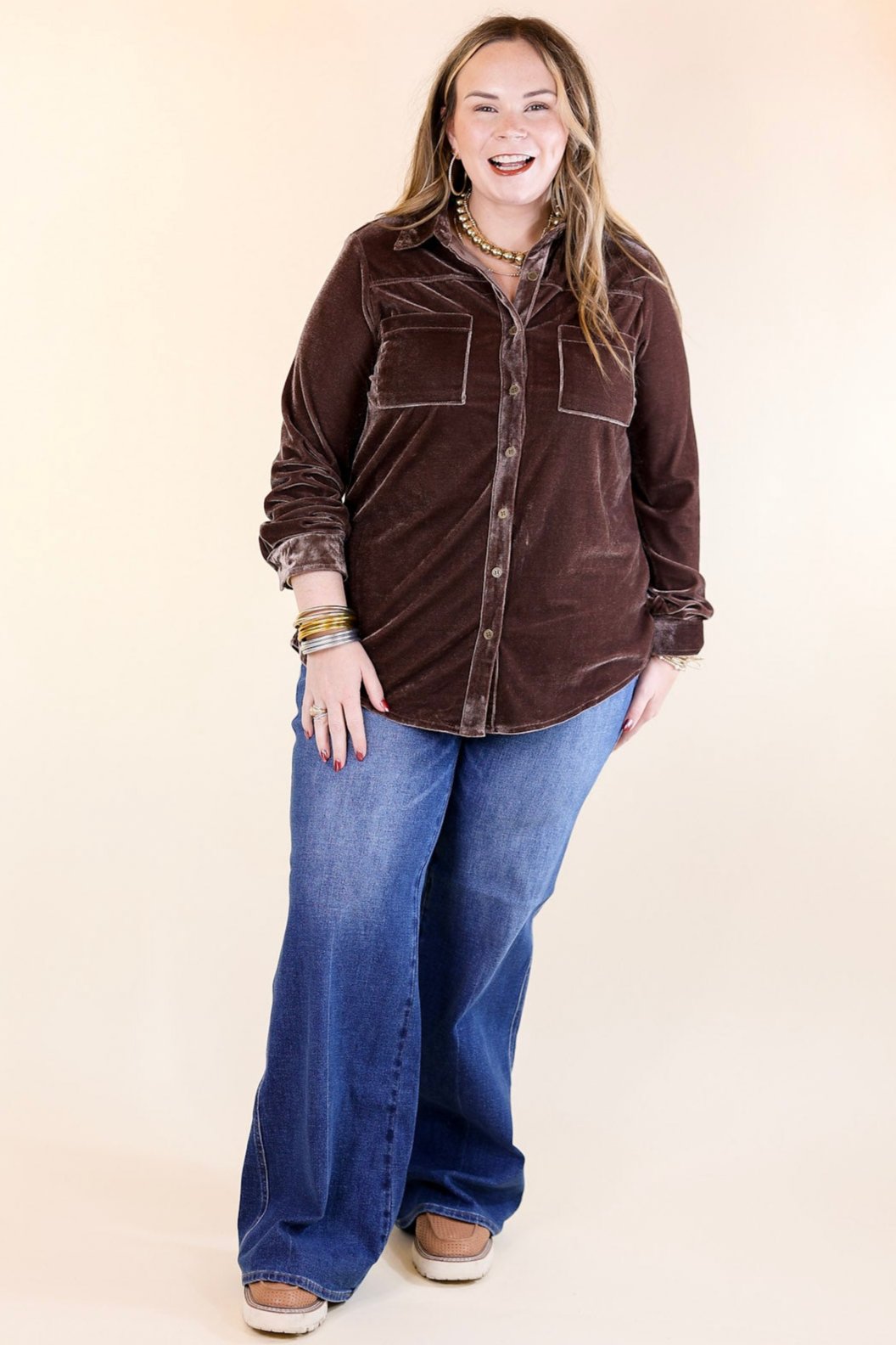 Candy Apple Evening Button Up Velvet Long Sleeve Blouse in Almond Brown