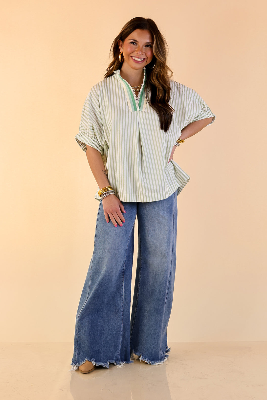 Naturally Stylish Striped Poncho Top with Lace Trim Details and Dolman Sleeves in Sage Green