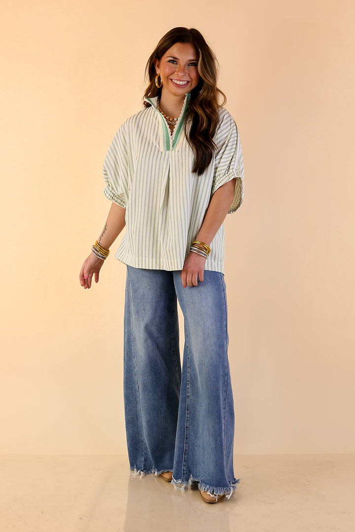 Naturally Stylish Striped Poncho Top with Lace Trim Details and Dolman Sleeves in Sage Green