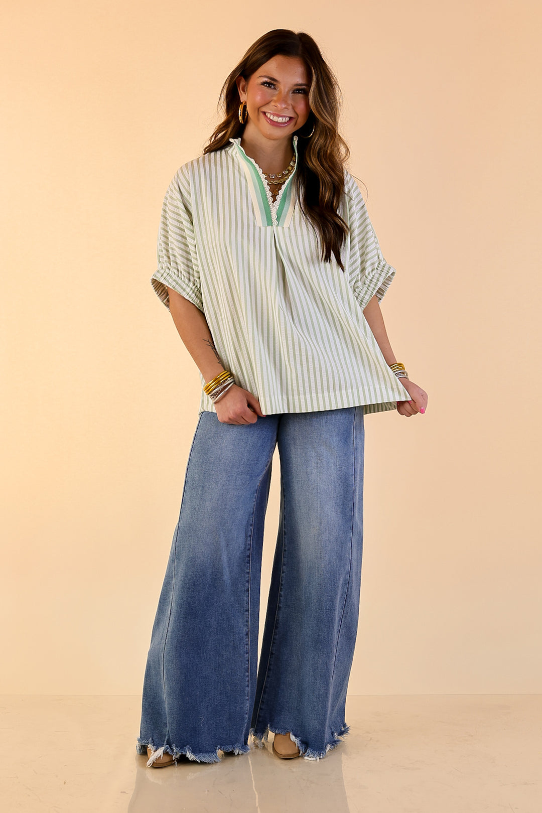 Naturally Stylish Striped Poncho Top with Lace Trim Details and Dolman Sleeves in Sage Green