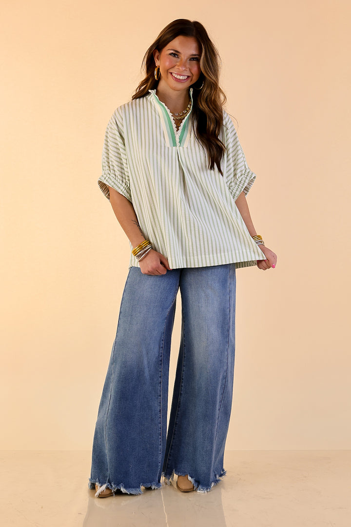 Naturally Stylish Striped Poncho Top with Lace Trim Details and Dolman Sleeves in Sage Green