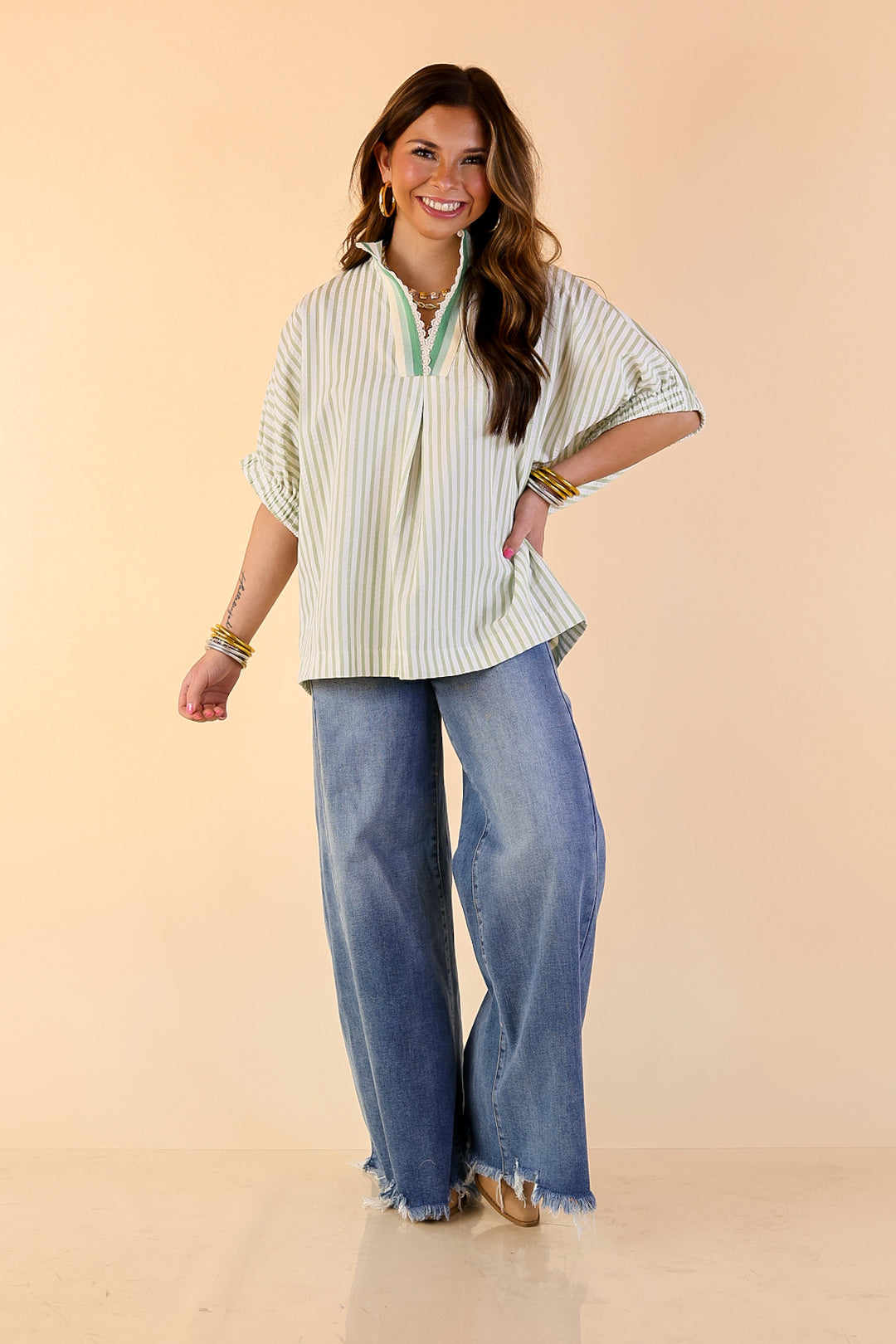 Naturally Stylish Striped Poncho Top with Lace Trim Details and Dolman Sleeves in Sage Green