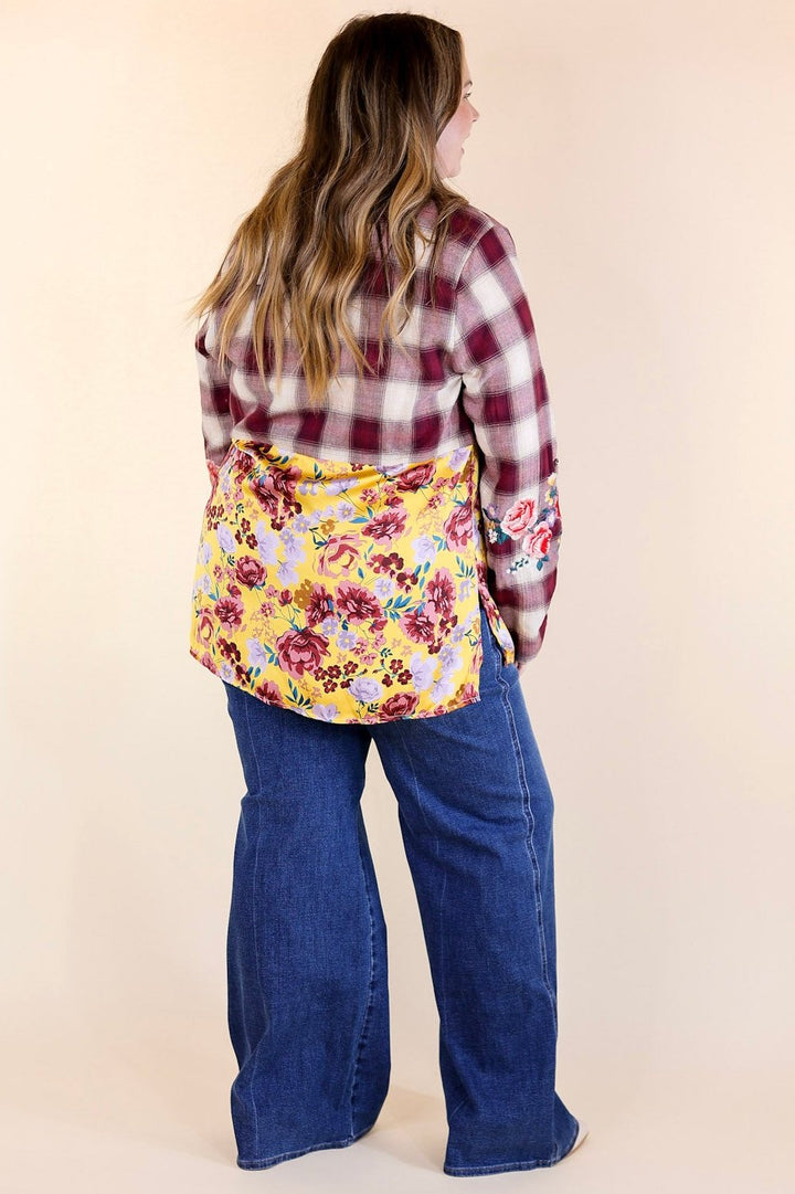 Crisp Air Charm Plaid and Floral Print Long Sleeve Top with Embroidery in Maroon and Mustard Yellow