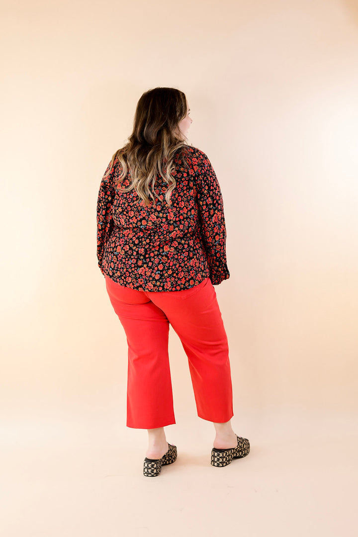 Market Street Memories Floral Print Long Sleeve Top with Front Keyhole in Black - Giddy Up Glamour Boutique