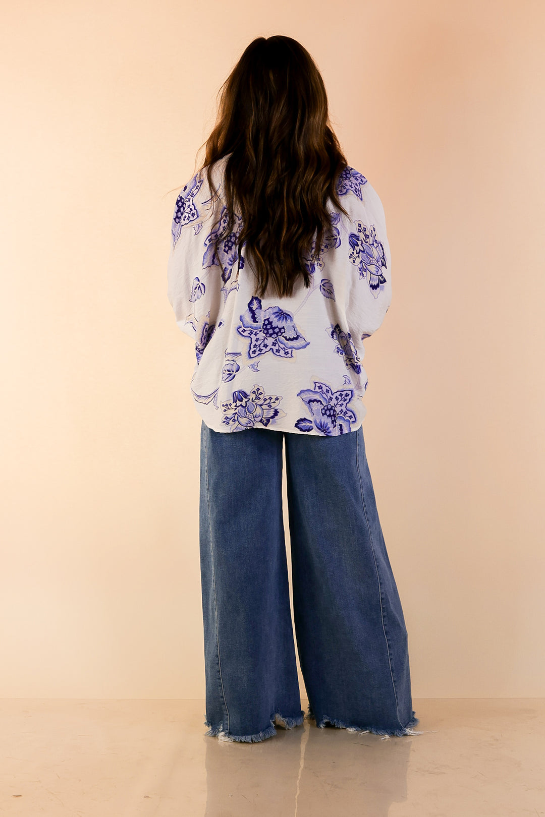 Naturally Stylish Floral Top with Contrast Stripe Trim and Short Dolman Sleeves in Blue and White