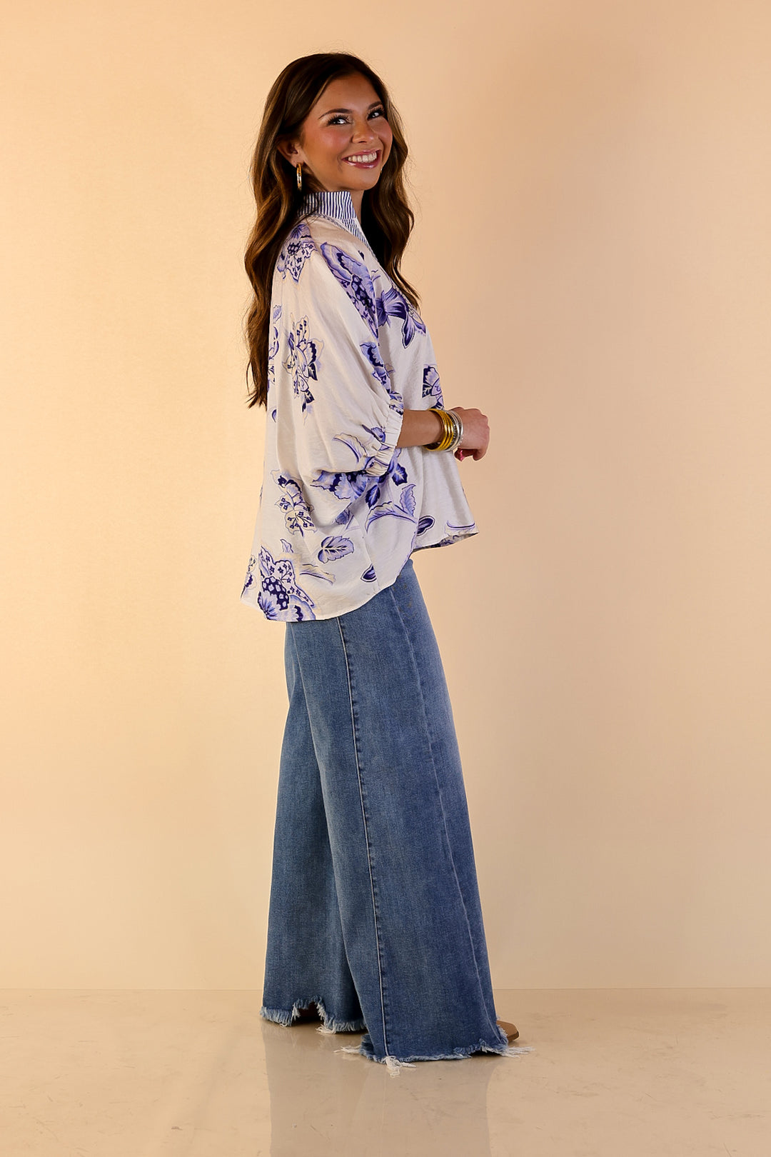 Naturally Stylish Floral Top with Contrast Stripe Trim and Short Dolman Sleeves in Blue and White