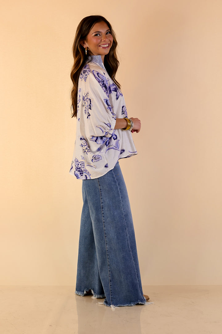 Naturally Stylish Floral Top with Contrast Stripe Trim and Short Dolman Sleeves in Blue and White