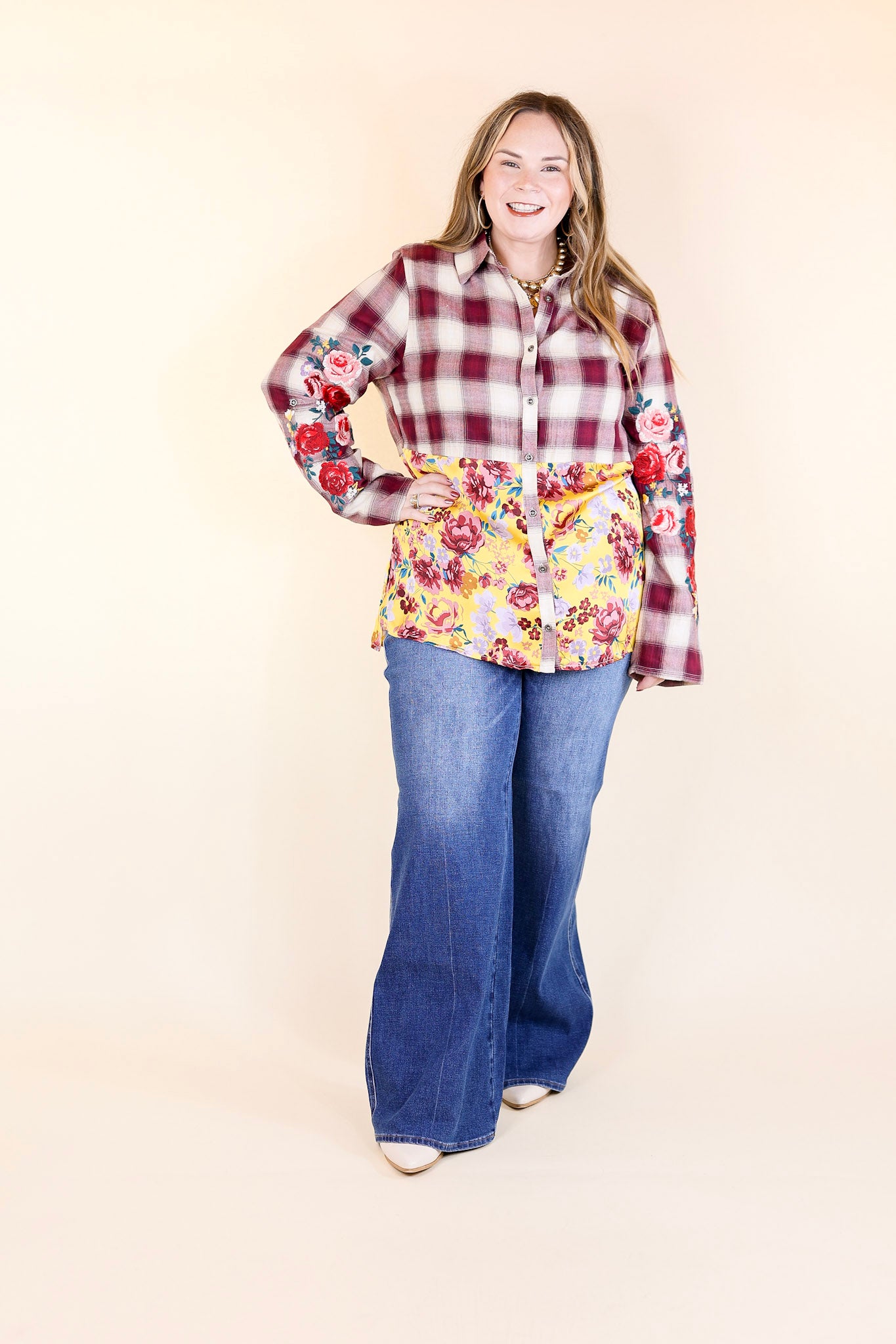 Crisp Air Charm Plaid and Floral Print Long Sleeve Top in Maroon and Marigold Yellow