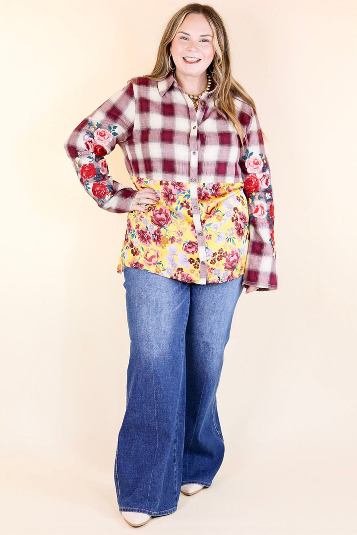 Crisp Air Charm Plaid and Floral Print Long Sleeve Top with Embroidery in Maroon and Mustard Yellow